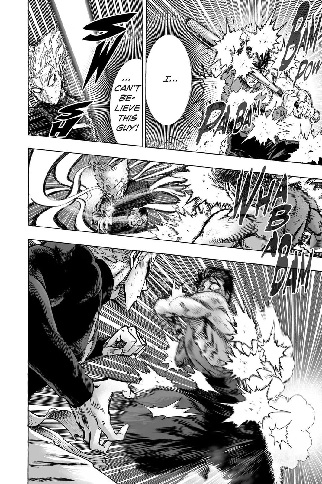 Garou continues attacking Metal Bat, but he always bounces back with a swing of his bat.