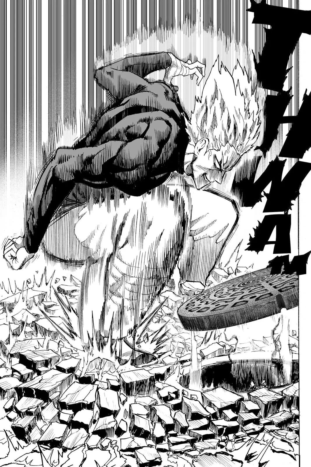 Garou jumps and breaks the concrete road upon landing.