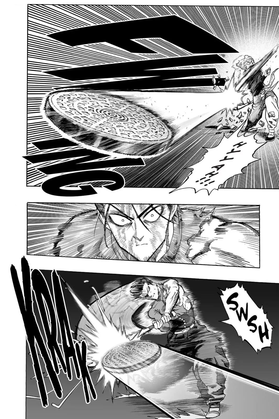 Garou throws a manhole cover, but Metal Bat hits it with his Bat.