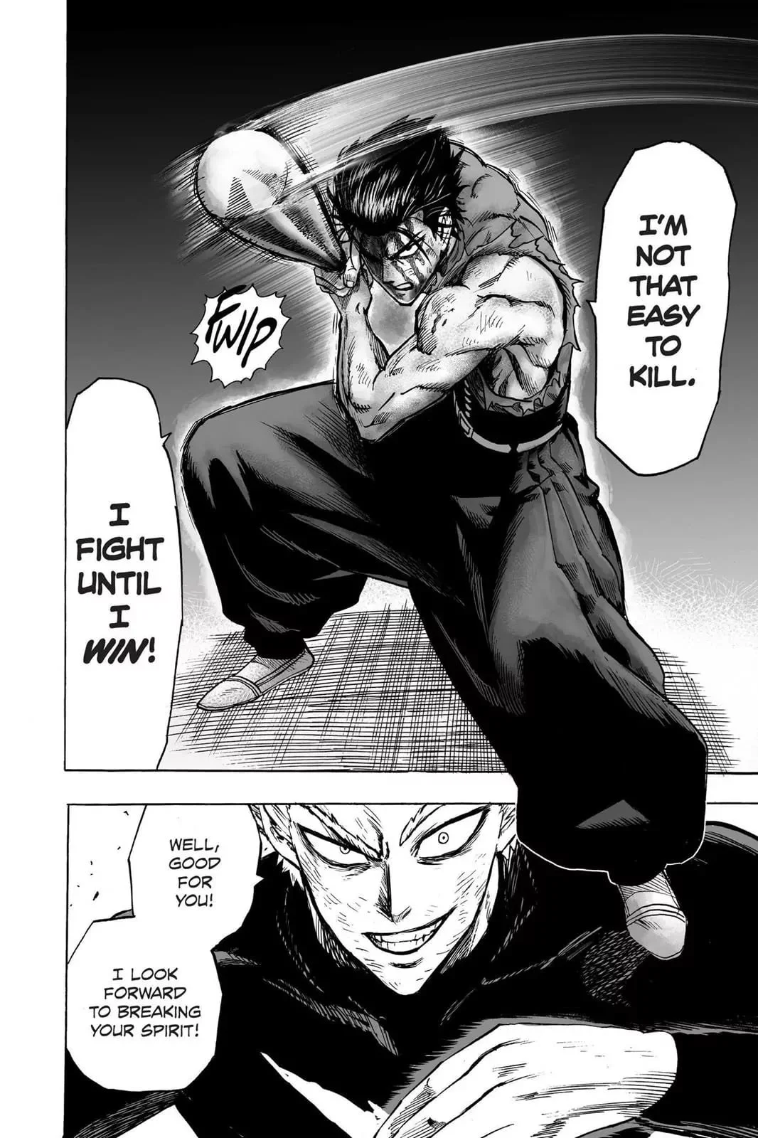 Metal Bat prepares an attack while Garou looks satisfied watching it.