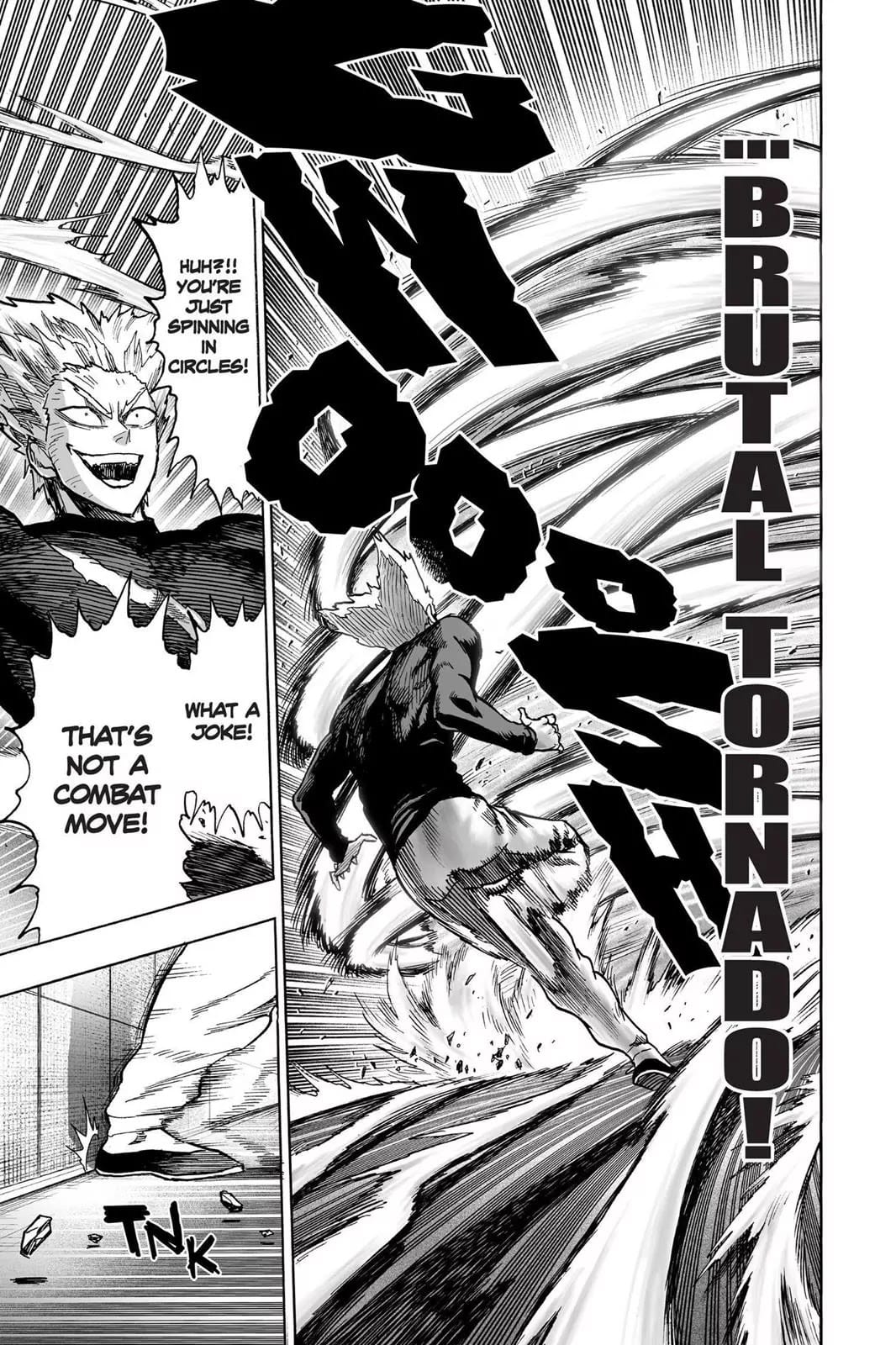 Metal Bat spins so fast with his attack Brutal Tornado while Garou dodges backward and gets cornered.