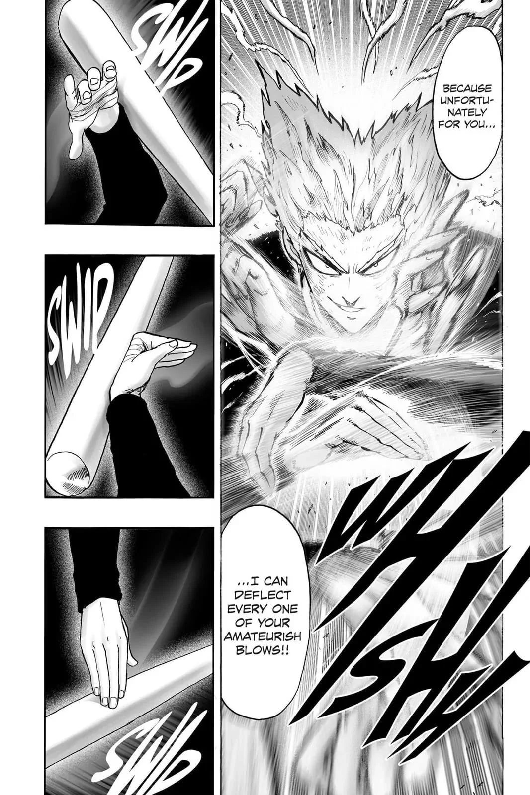 Garou starts deflecting Metal Bat's bat using his martial arts technique.