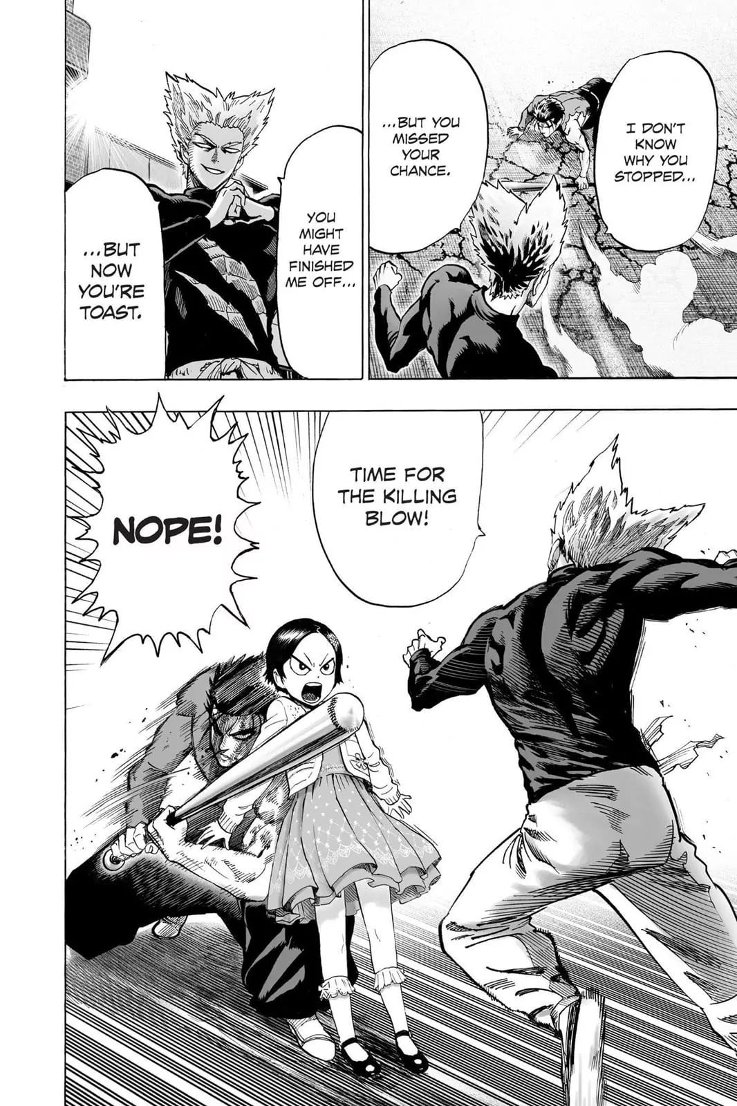 Garou starts attacking Metal Bat with a killing blow, but Zenko goes in front of him to defend him.