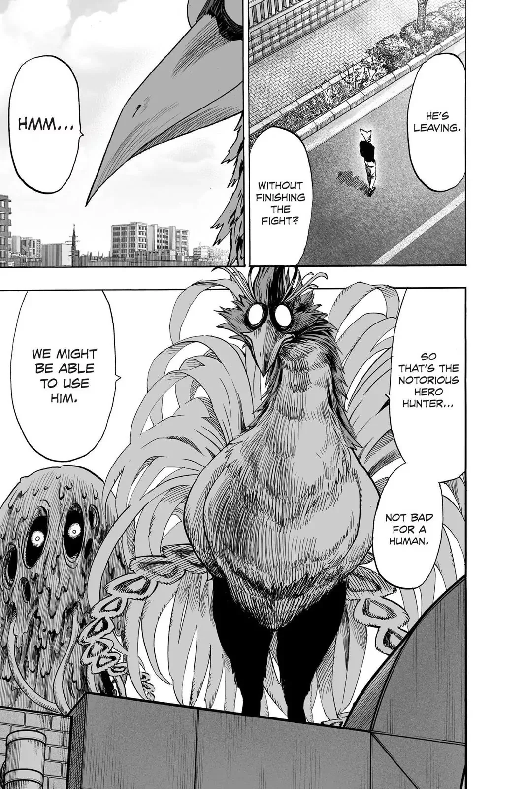 Garou walks away while two monsters, a bird and some slimy slob, watch over them atop a building.