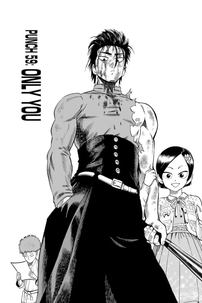 Metal Bat is standing with his face bloodied and his shirt ripped while his sister stands close to him and Saitama behind them.