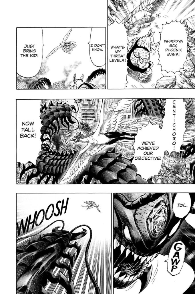 The bird monster is Phoenix Man and flies away, telling Rhino Wrestler to bring the hostages and Centichoro to stop.