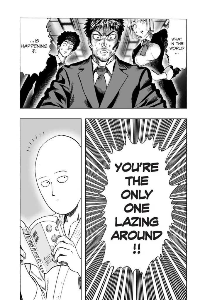 The other H.A. executives are surprised, and the bottom panels show Saitama reading comics.