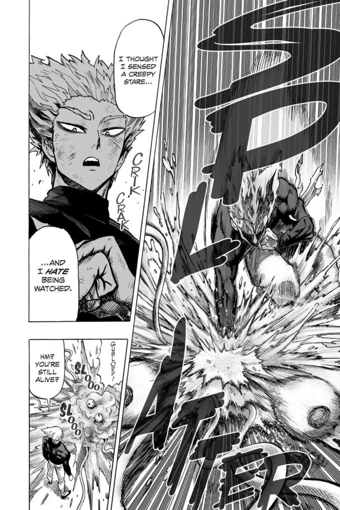 Garou suddenly attacks Hydro-Jellyfish from the top and destroys his body but discovers he's still alive.