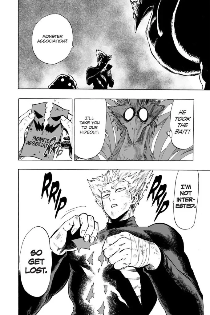 The monster bird thought Garou would side with them but sees Garou tearing the calling card into pieces.