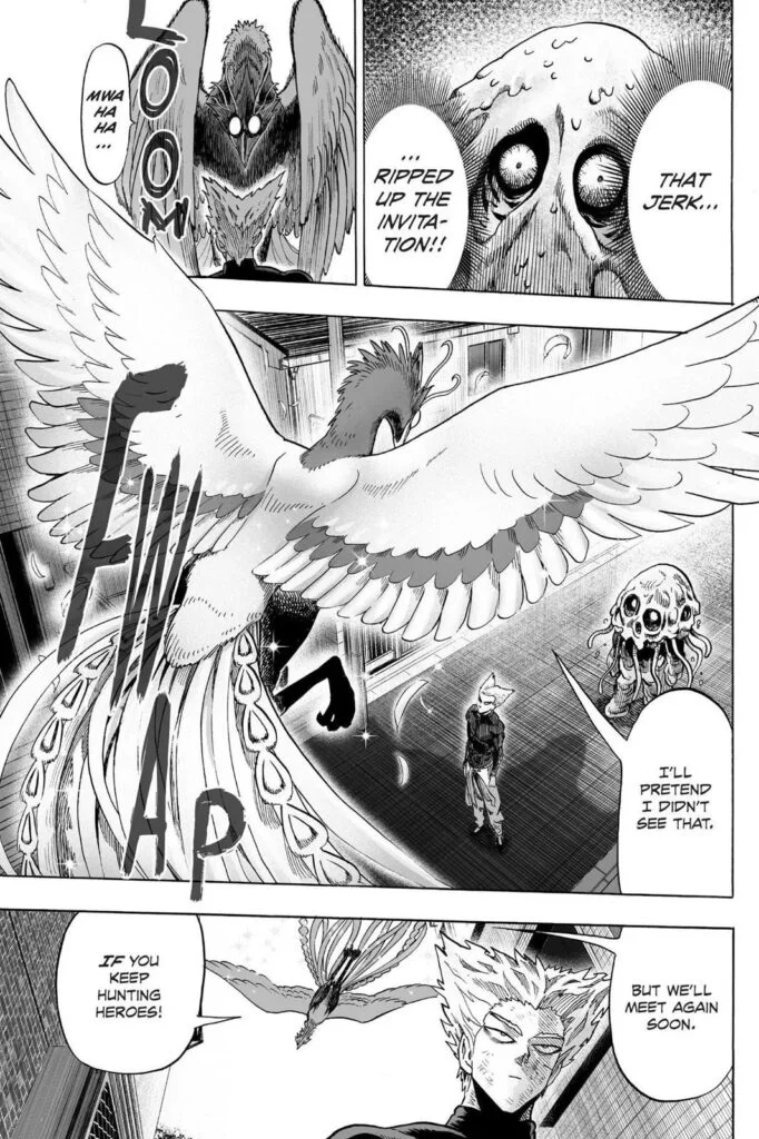 The monster bird flies away and leaves Garou while Hydro-Jellyfish recovers back to its original form.