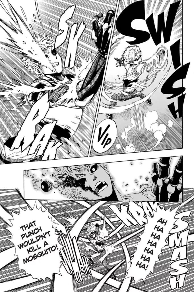 Genos counters but continues getting shredded by the mosquito lady's sharp claws.