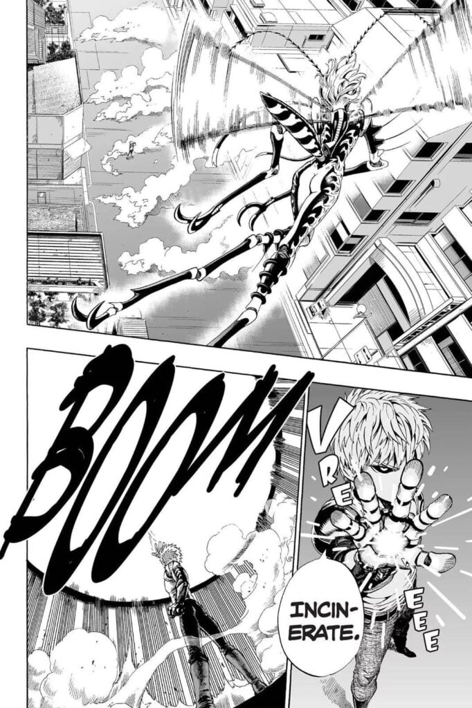 Genos and the mosquito lady fighting.