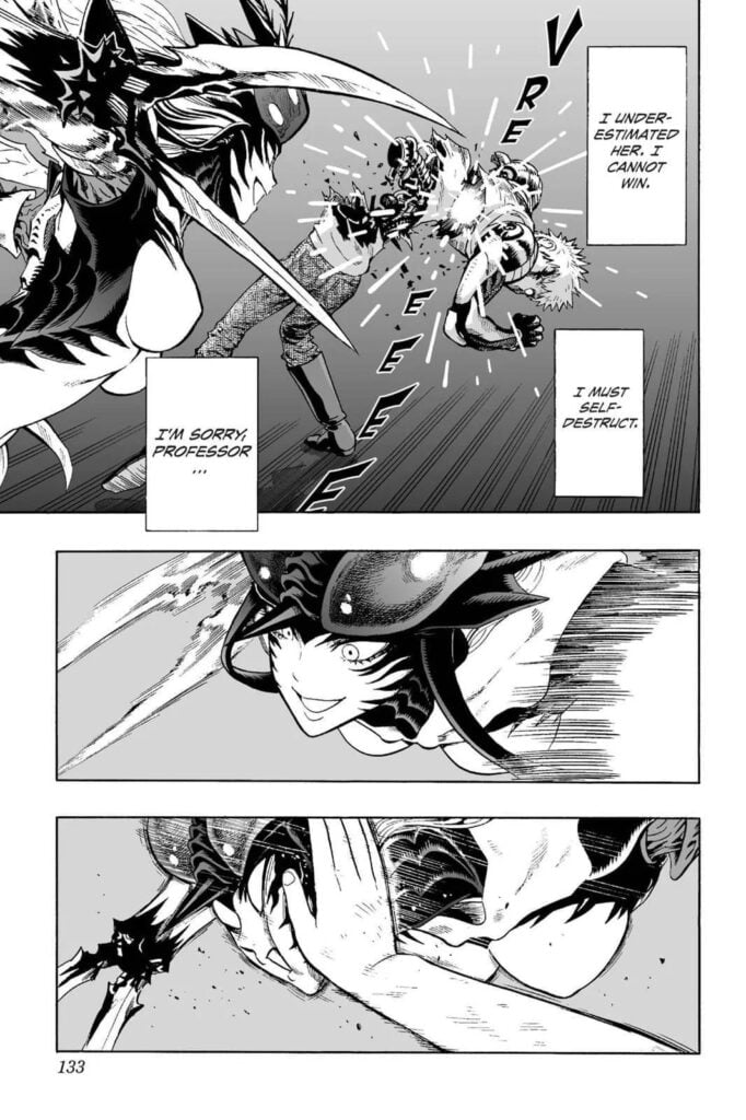 Genos tries to self destruct his core to defeat the attacking monster but a hand slaps the mosquito lady in her face.