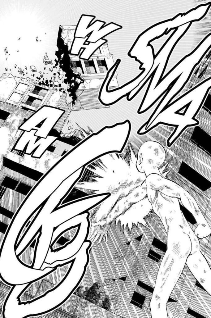 Naked Saitama sent the mosquito lady flying after that slap while destroying the building along her line of fire.