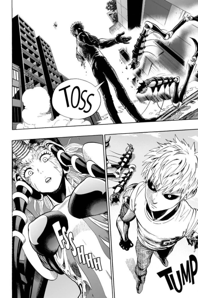 Genos throws away the legs of the mosquito lady. The two of them looks eye-to-eye.