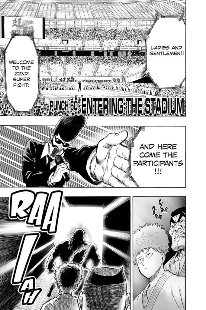 A huge coliseum and an announcer welcome the participants, including Saitama.