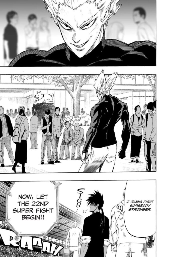 Cut to the scene, Garou walks in the middle of the people where he sees Watchdog Man sitting idly.