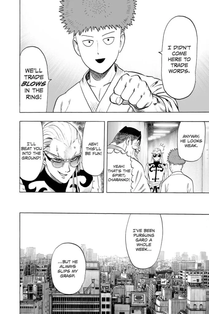 Charanko (Saitama) tells Sourface that he's there to trade blows and not words. The bottom panel shows a city skyline.