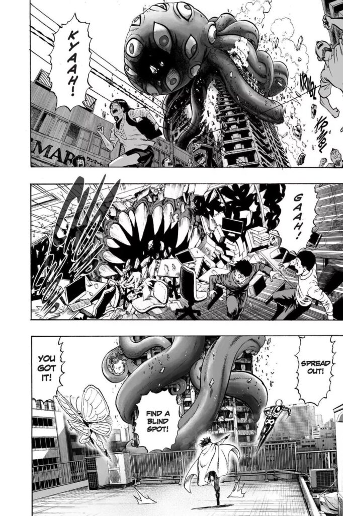 People run as the giant octopus monster starts eating the building while three heroes show up to stop him.