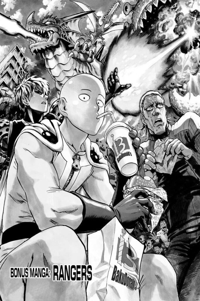 Saitama sits down and sips a drink while King looks afraid, and Genos blasts the towering monsters around them.