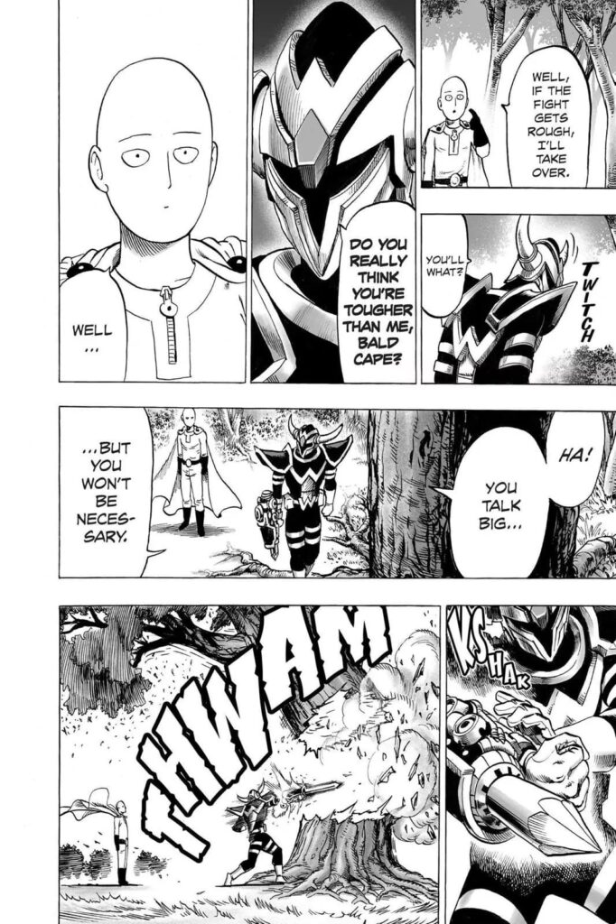 Their team leader showcases his power to Saitama by destroying a huge tree nearby.