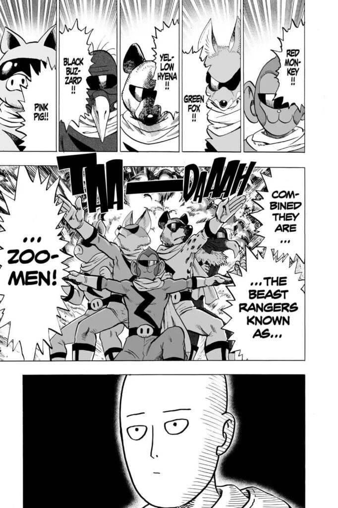 A group of rangers known as Zoomen appears with a pose while Saitama looks uninterested.