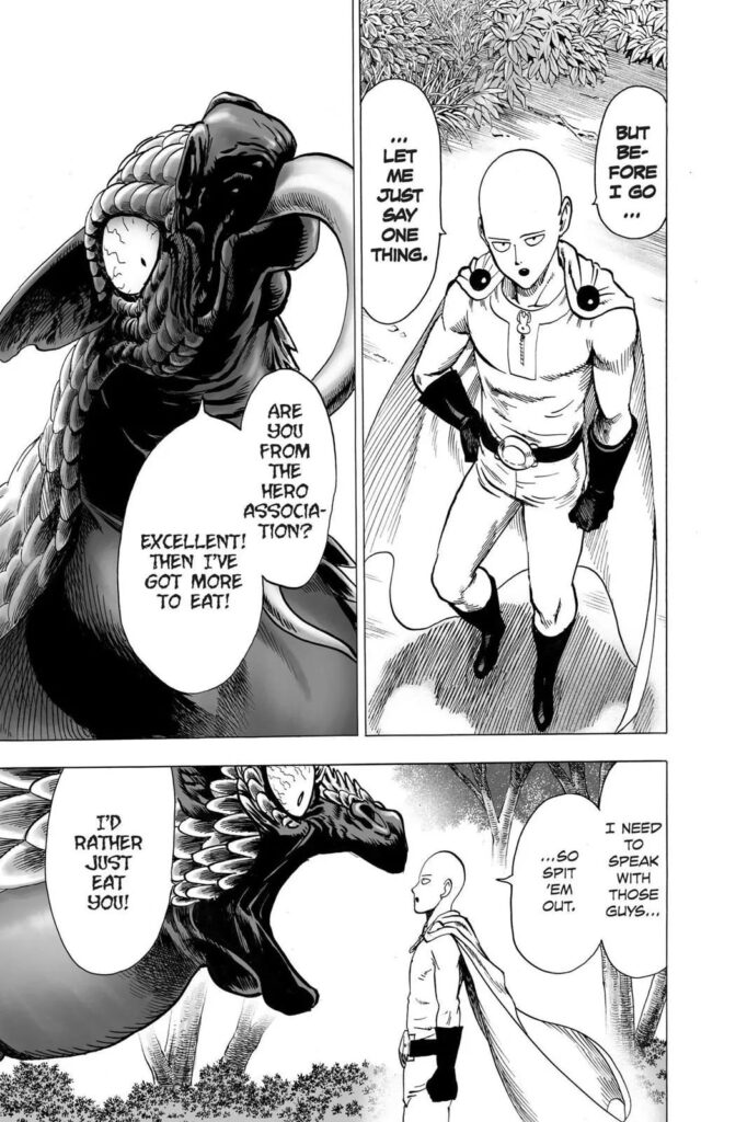 Saitama talks to the monster and tells him to spit them out.