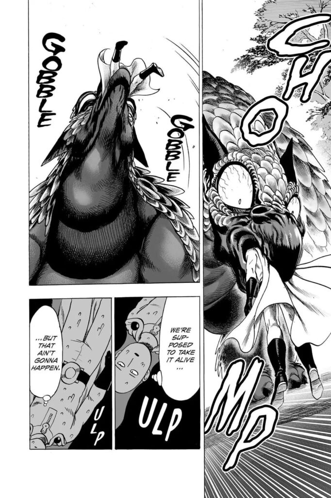 The monster eats Saitama and swallows him whole.