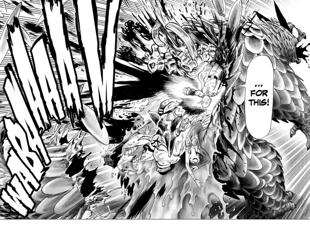 Saitama one punches the monster from the inside and destroys its back as they, too, get released from inside the belly.