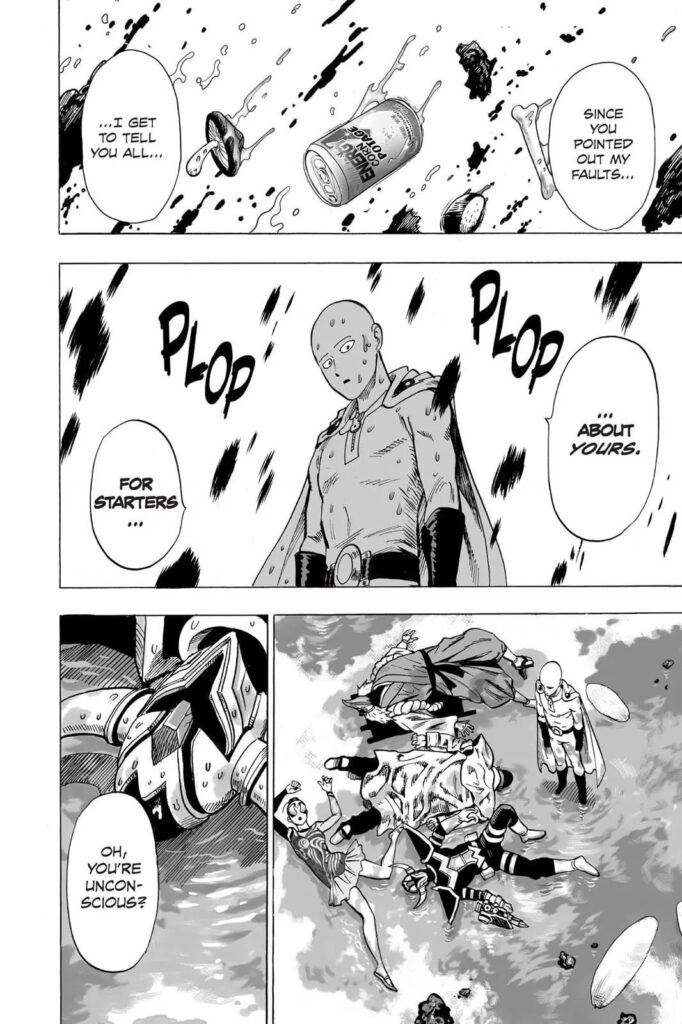 Saitama stands and starts to reprimand his teammates, but they are unconscious. The monster's insides rain down.