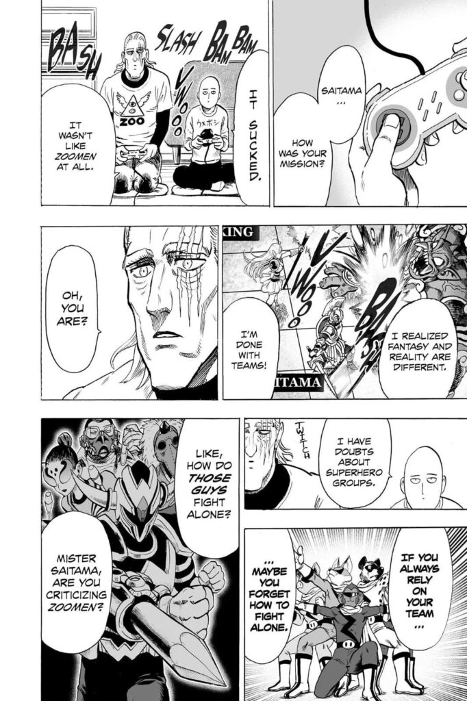 Cut to the scene, Saitama and King play video games, and Saitama decides not to form a team.