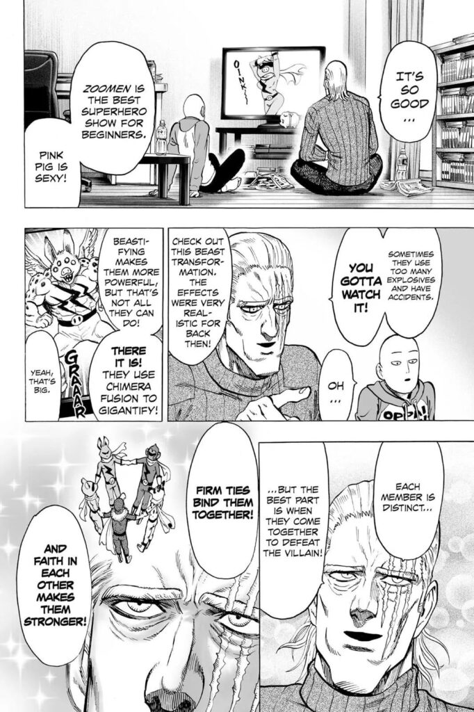 It turns out Saitama and King are watching a T.V. show about the Zoomen, and King explains everything to Saitama.