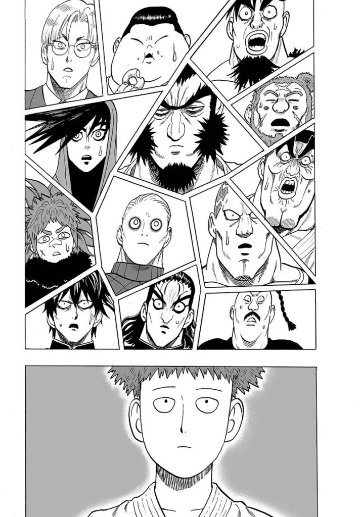 The other tournament fighters are also shocked and amazed, but Saitama just shows his signature bored face.