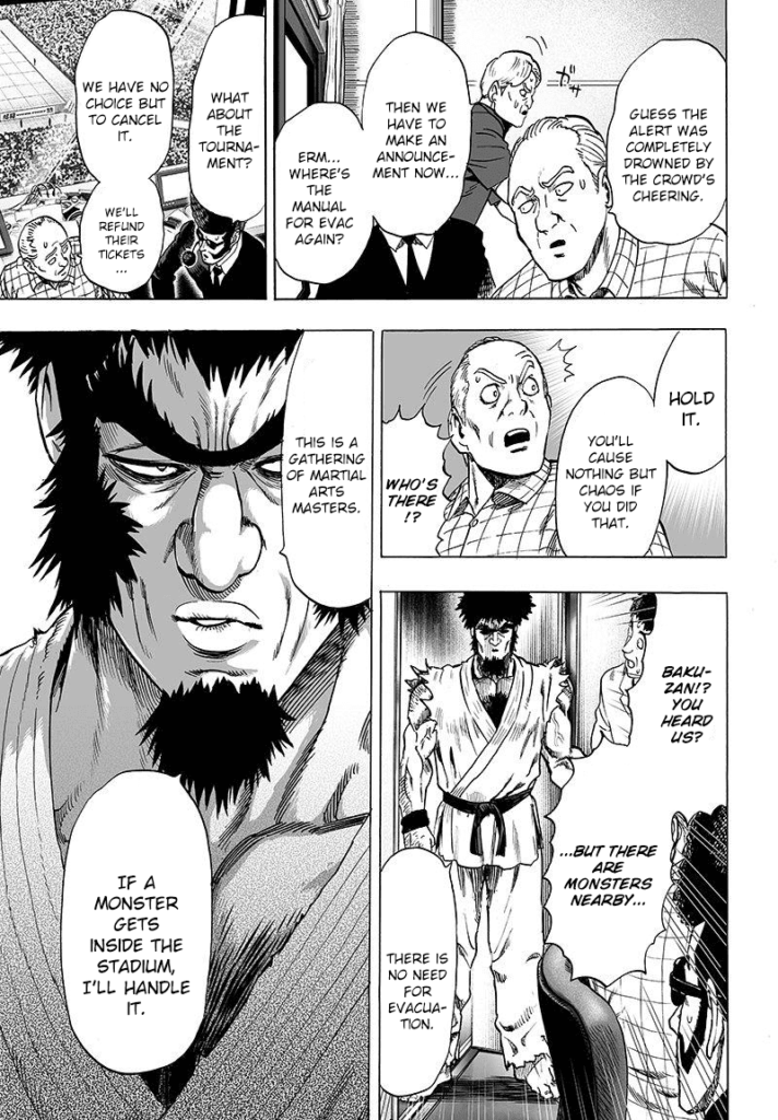 The announcers start to evacuate, but Bakuzan appears and assures everyone he will handle any monster that shows up.