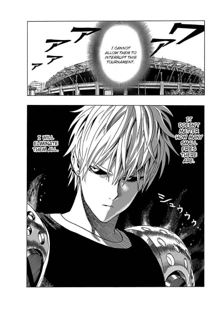 Genos prepares to eliminate the monsters so they can not interrupt the tournament.