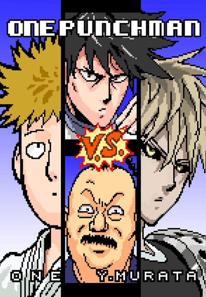 An 8-bit colored image of Snek v.s. Benpats with Saitama and Genos on the sides.