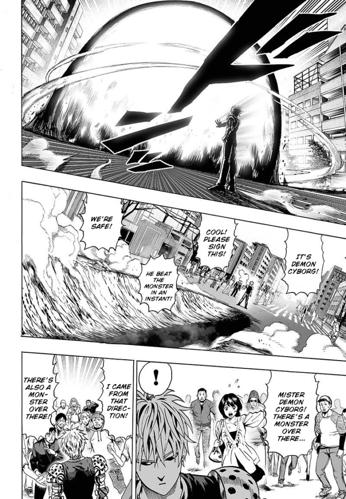 Genos incinerates a monster with his energy blast while the people gather and tell him about other monsters appearing.