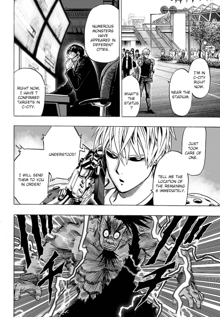 Genos talks to the Hero HQ over the phone about the monsters' location. The last panel shows an electrocuted martial artist.