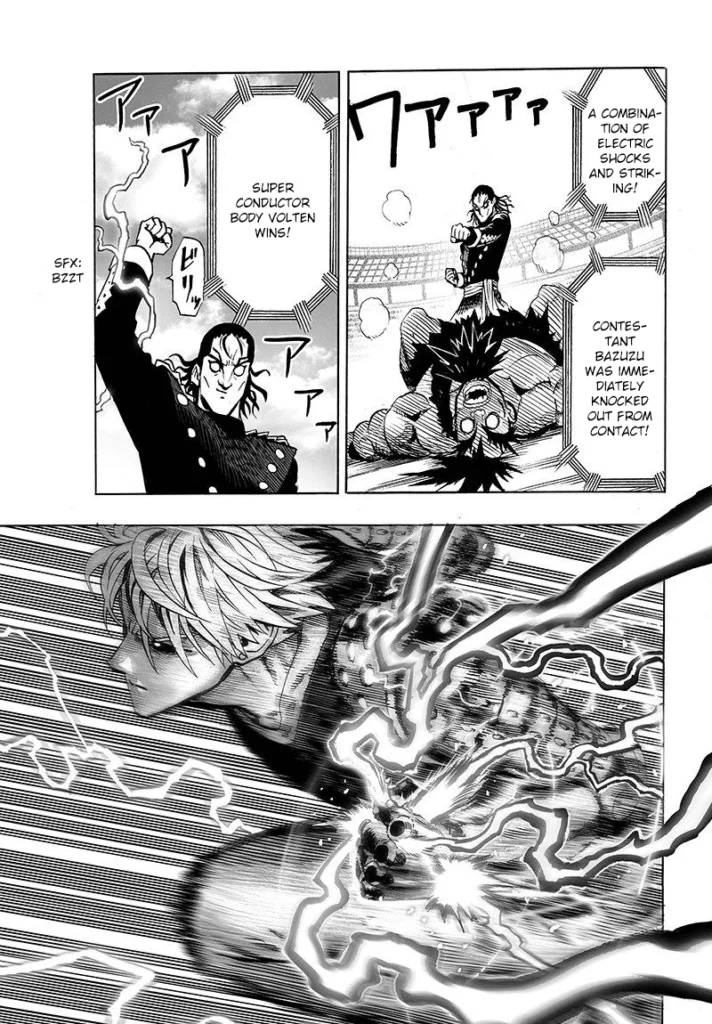 The upper panel shows Super Conductor winning the match, while the lower panel is Genos attacking with his electrifying fist.