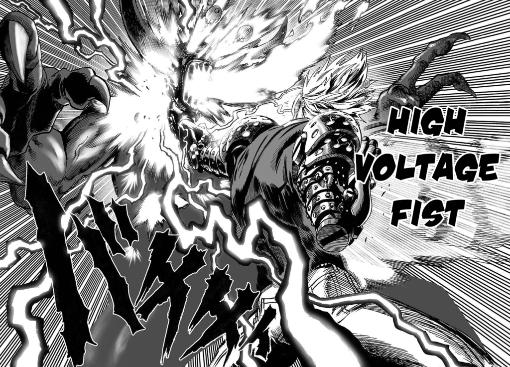 Genos attacks a monster using his technique, High Voltage Fist.