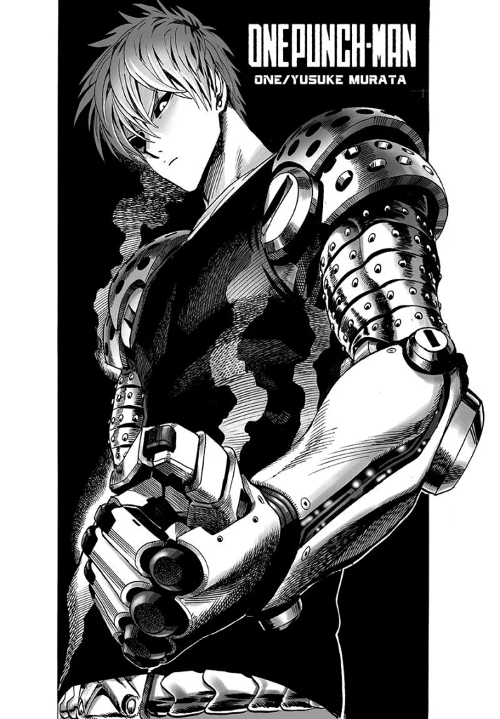 Genos clinches his face while standing after defeating the monster.