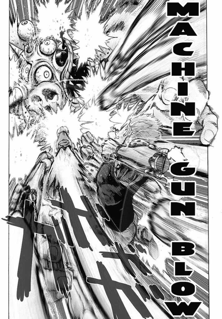 Genos destroys a monster with his attack, Machine Gun Blow.