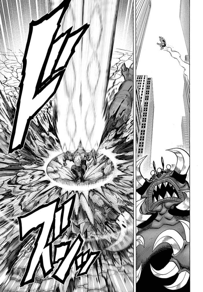 Genos jumps over a monster and destroys it upon landing.