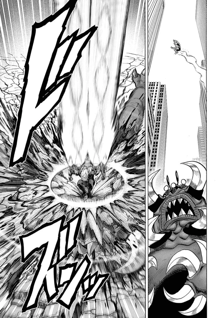 Genos jumps over a monster and destroys it upon landing.