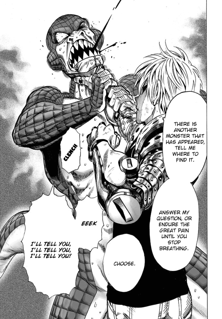 Genos chokes a monster that looks like a lizard with his right hand.