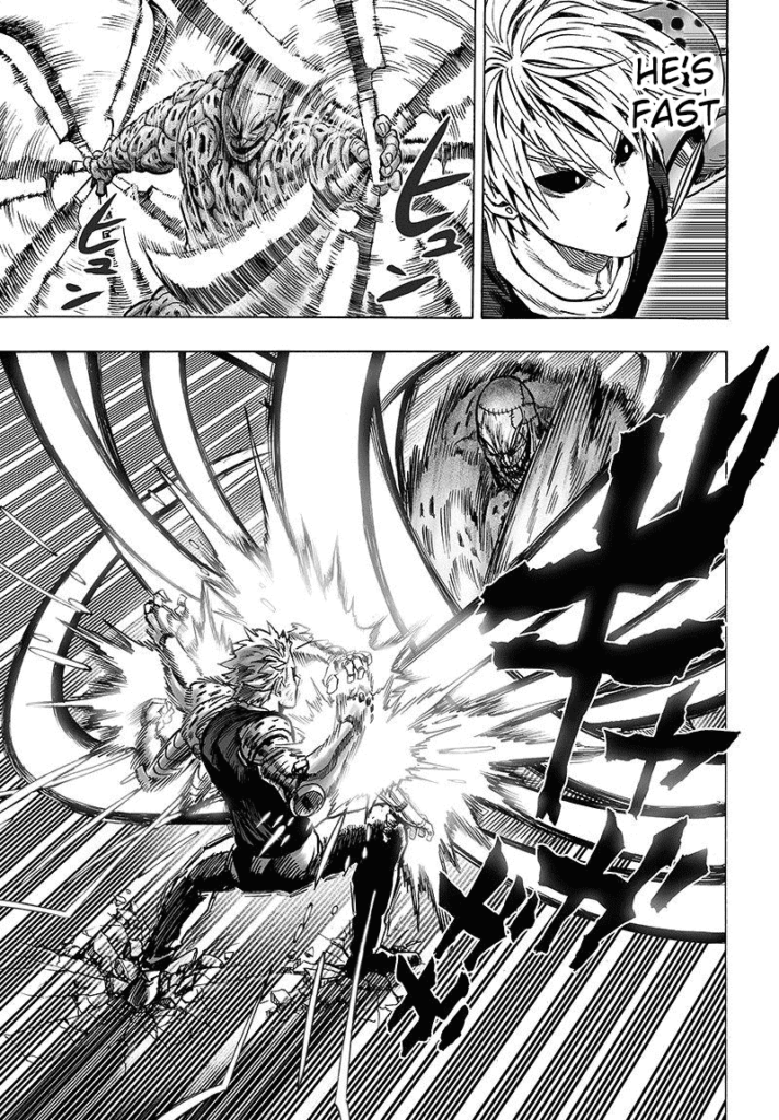 Face Ripper attacks with his double blades, and Genos starts defending them.