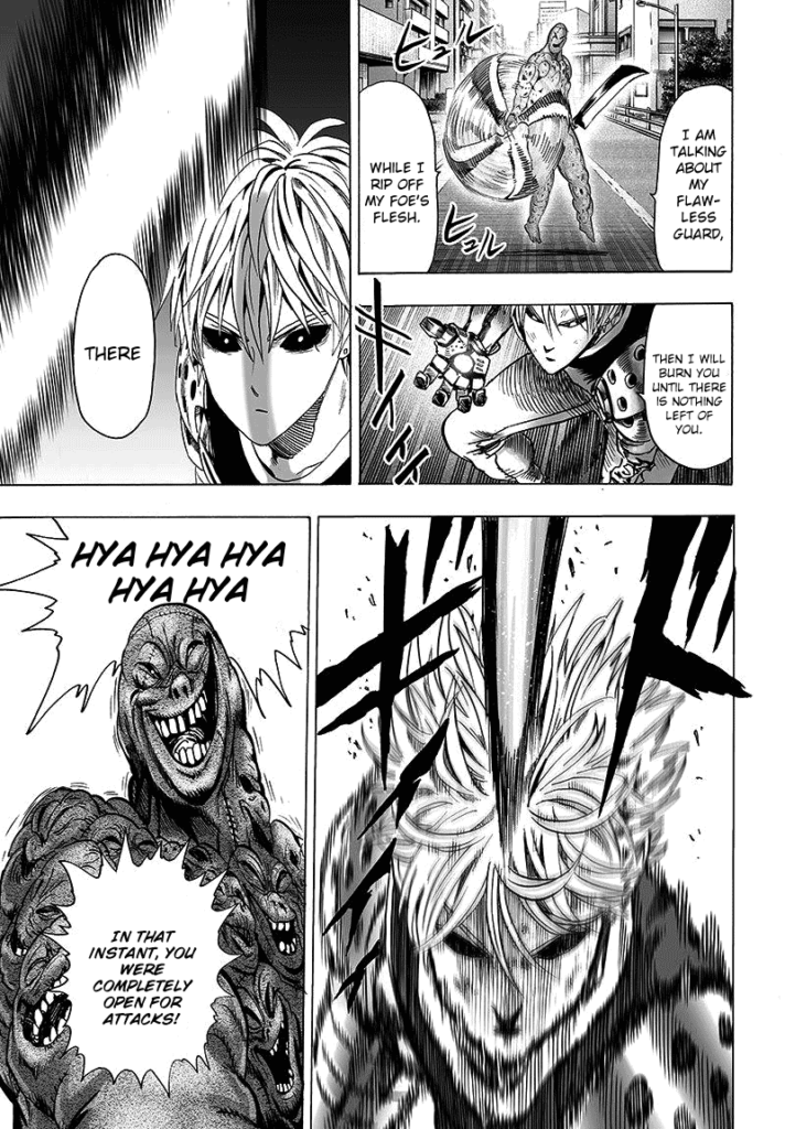 Face Ripper quickly slices Genos' head with his sword.