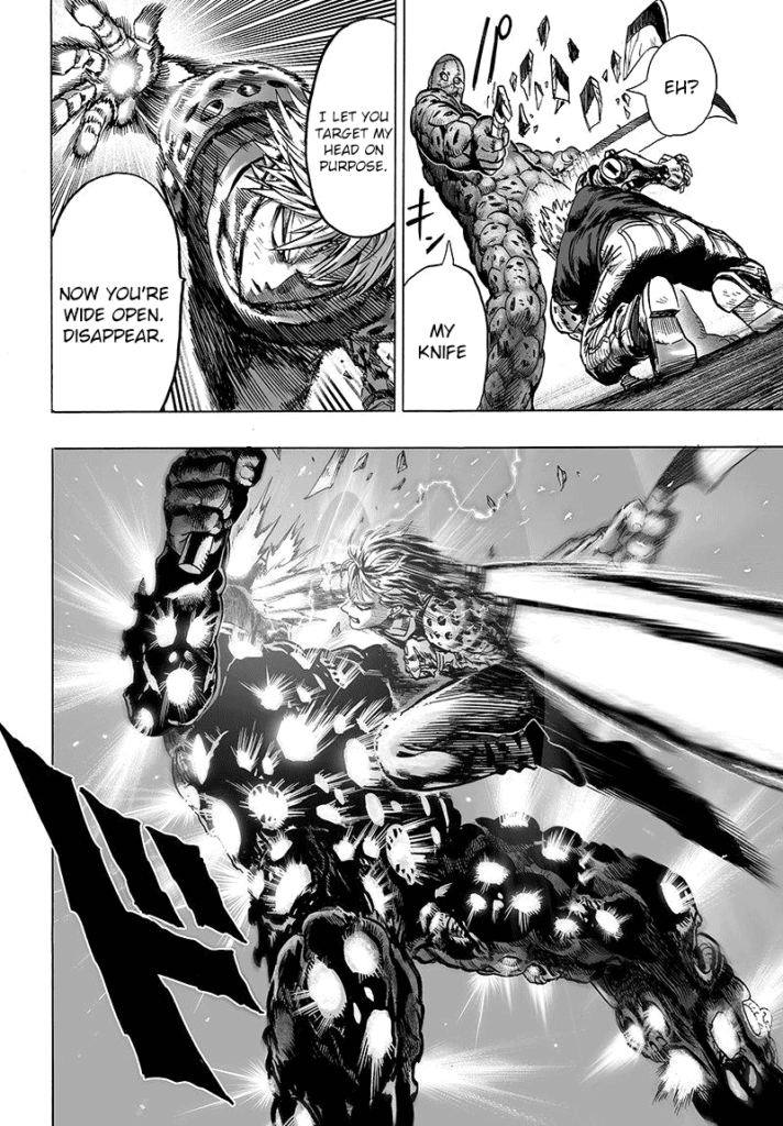 Face Ripper's sword breaks after hitting Genos head. Genos attacks him by blasting his face.