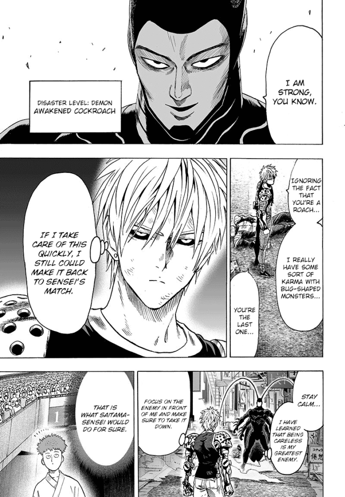 The monster is Disaster Level Demon Awakened Cockroach, and Genos plans to defeat him carefully to see Saitama's match.