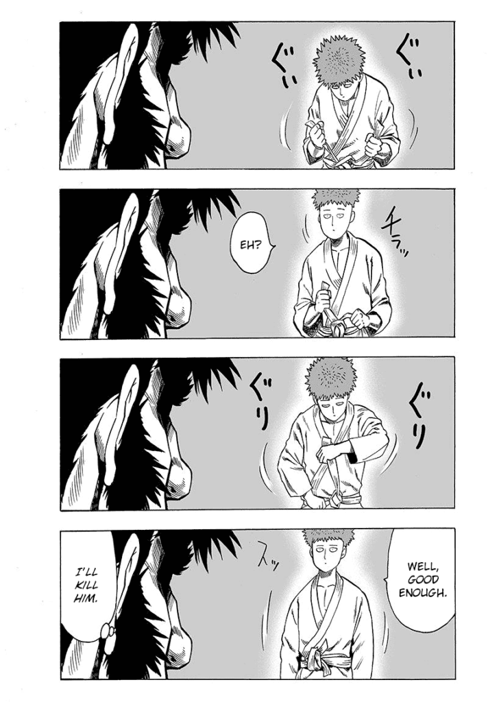 Saitama tries to tie his belt, ignoring Bakuzan, who now gets angry at him.